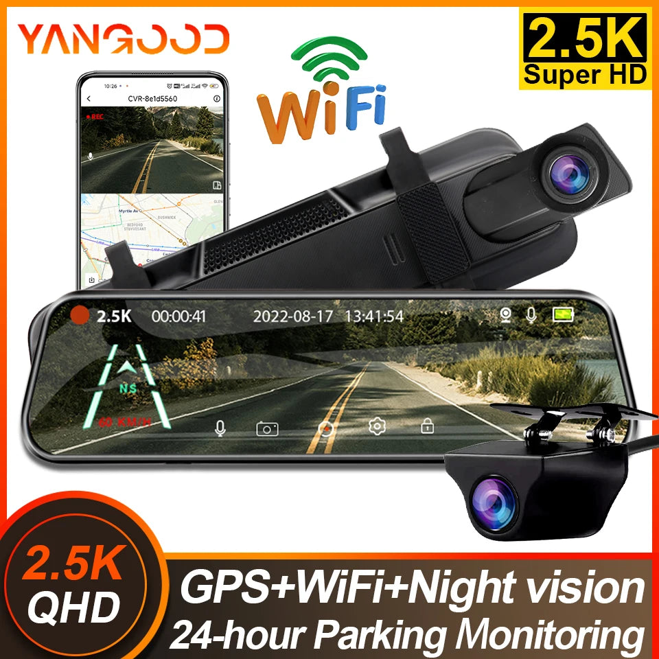 Yangood VisionX Pro – 2.5K Smart Dashcam Mirror with GPS, Wi-Fi & Night Vision