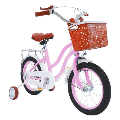 14 Inch Children's Bicycle Carbon Steel Kids Bike with Auxiliary Wheels & Basket & Manual Bell, Bearing 60kg, Height Adjustable