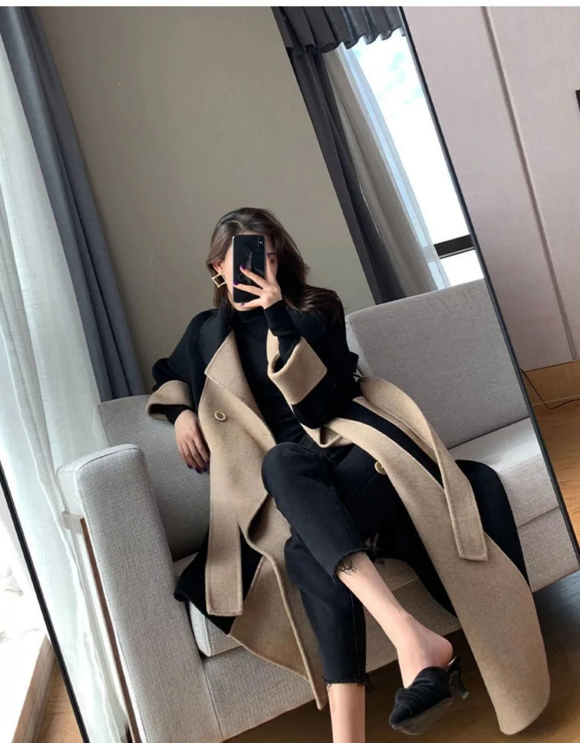 Winter New Color Block Slimming Hepburn Style Woolen Coat Women's Long Belted Gown Elegant Outerwear