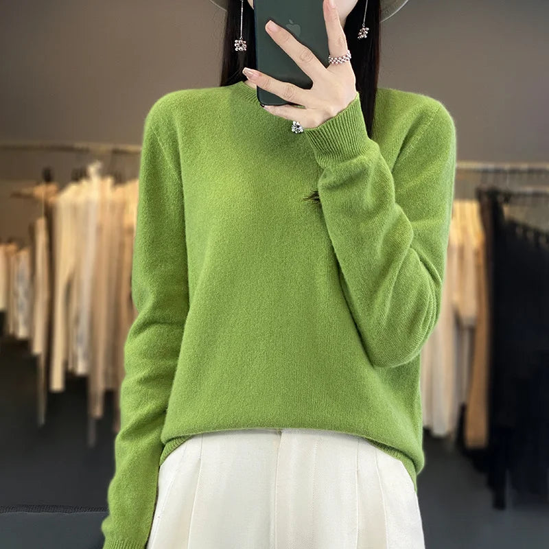 100% Pure Wool Cashmere Sweater Women's O-Neck Pullover Knitted Casual Sweater Winter New Long-Sleeved Warm High-Grade Jumper