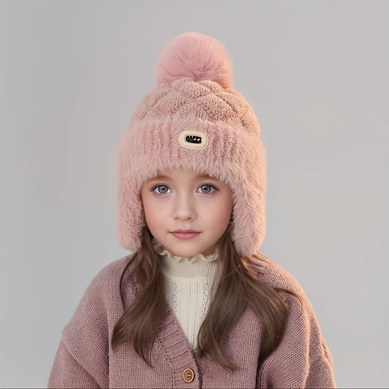 Kids Winter Hat with Ear Flaps - Soft Warm Beanie for Boys & Girls, Pastel Pink Cold Weather Skiing, Snowboarding, Outdoor