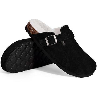 Shevalues Winter Women's Mules With Adjustable Buckle Leisure Cork Insole Comfortable Clogs Slippers Cow Suede Non-slip Sandals