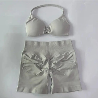 DFYIVE Yoga Gym Set 2 Piece Women Strappy Yoga Bra Top Workout Scrunch Shorts Sports Suit Fitness Clothes Seamless Yoga Set