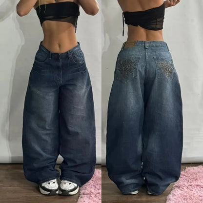 American Fashion New Black Old Washed Holes Baggy Jeans Ladies Y2K Vintage Punk Fashion Casual Joker High Waist Wide Leg Pants