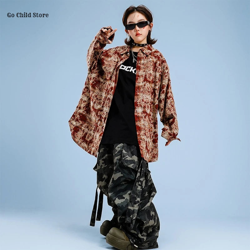 Girls Hip Hop Maillard Plaid Shirt Camouflage Cargo Pants Boys Street Dance Costumes Kids Jazz Clothes Sets Children Streetwear