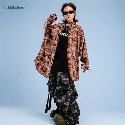 Girls Hip Hop Maillard Plaid Shirt Camouflage Cargo Pants Boys Street Dance Costumes Kids Jazz Clothes Sets Children Streetwear