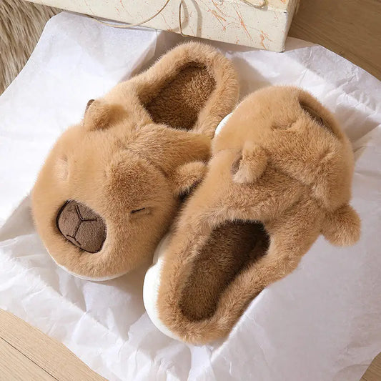 Cute Cartoon Capybara Cotton Slippers Women 2025 Winter Soft Thick Bottom Indoor Couple Slides Warm Faux Fur Bedroom Slippers