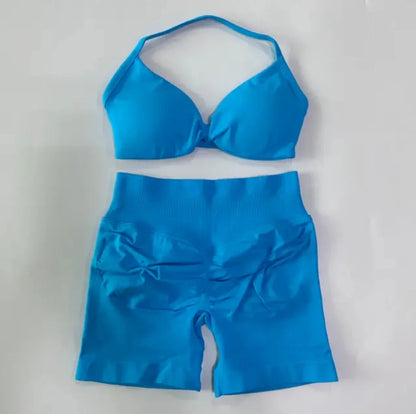 DFYIVE Yoga Gym Set 2 Piece Women Strappy Yoga Bra Top Workout Scrunch Shorts Sports Suit Fitness Clothes Seamless Yoga Set