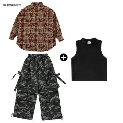 Girls Hip Hop Maillard Plaid Shirt Camouflage Cargo Pants Boys Street Dance Costumes Kids Jazz Clothes Sets Children Streetwear