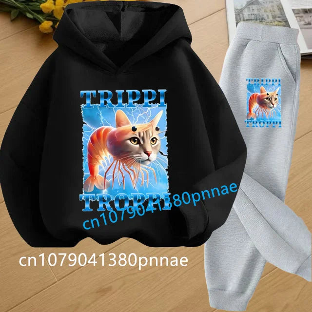 Tralalero Tralala Tung Tung Tung Funny Italian Brainrot Kids Clothes Boys Hoodie+Pants 2pcs Set Girls Tracksuit Children Outfits