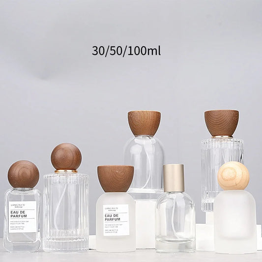 High-grade 30/50/100ml Empty Clear/ Frosted Glass Perfume Bottle Screw Wood Lid Spray Bottle Toner Atomizer Cosmetic Bottles