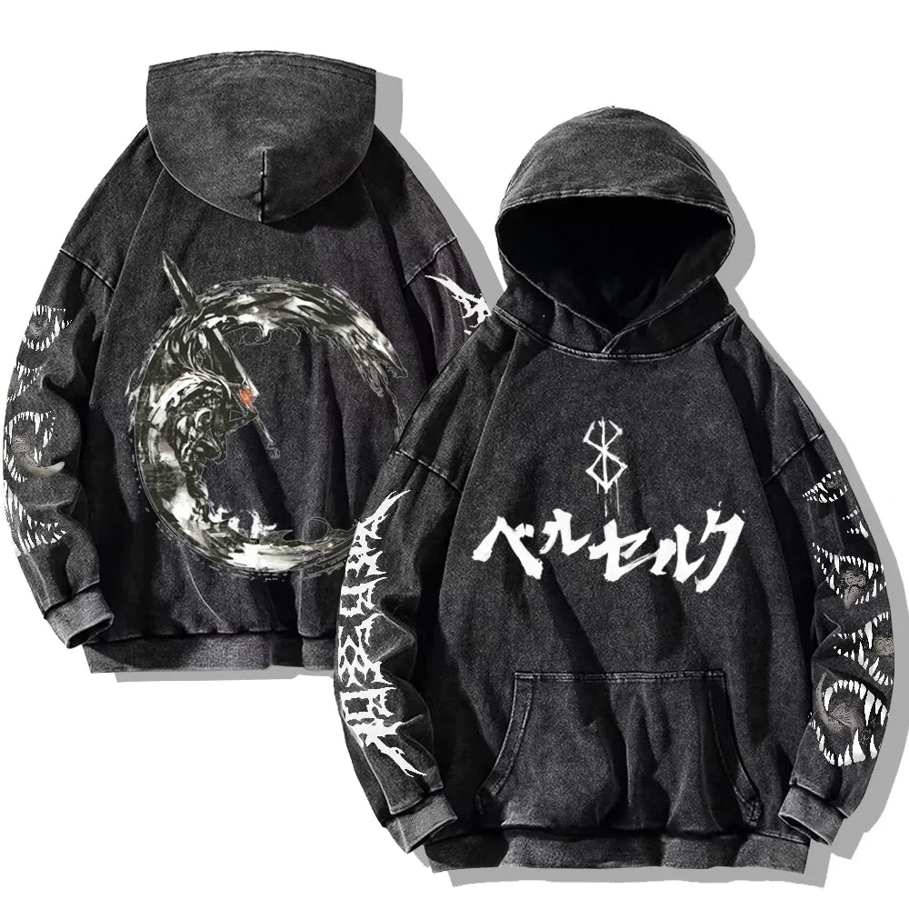 Mens Berserk Hoodies Gothic Print Vintage Washed Hoodie Hip Hop Streetwear Cotton Sweatshirts Harajuku Casual Hooded Pullover