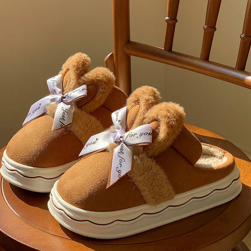 Winter Faux Suede Cotton Slippers for Women's Winter Home Rabbit Bow Cotton Slippers for Warmth, New Thick Soled Princess Style