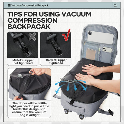 Large Vacuum Travel Backpack with Pump for Women Men, Personal Effects Carry-on Luggage Backpack 47x33x20cm,   Laptop School Bag