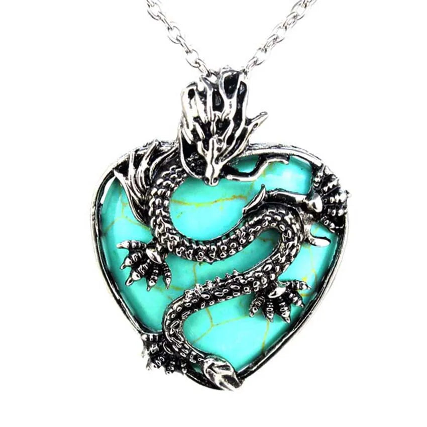 Vintage Animal Dragon Man Necklace Natural Stone Purple Crystal Heart Pendant for Women Amethysts Rose Pink Quartz Jewelry Gift