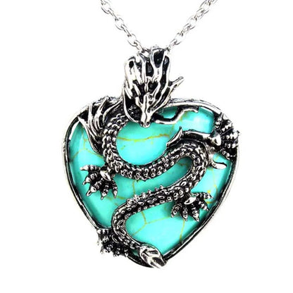 Vintage Animal Dragon Man Necklace Natural Stone Purple Crystal Heart Pendant for Women Amethysts Rose Pink Quartz Jewelry Gift