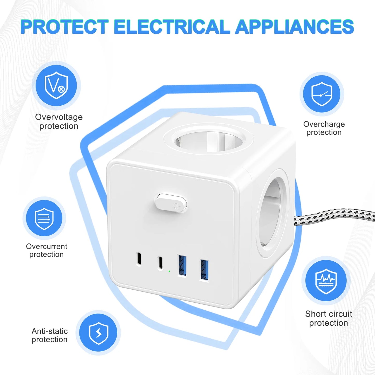 Adaptador multifunções para tomada de parede de 4000 W com 2 USB 2 tipo C, cabo de extensão de 3 m, 4 tomadas CA e várias tomadas