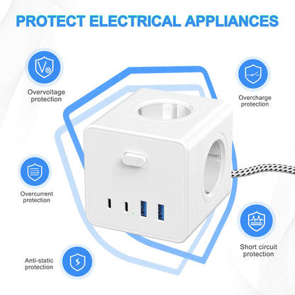 Adaptador multifunções para tomada de parede de 4000 W com 2 USB 2 tipo C, cabo de extensão de 3 m, 4 tomadas CA e várias tomadas