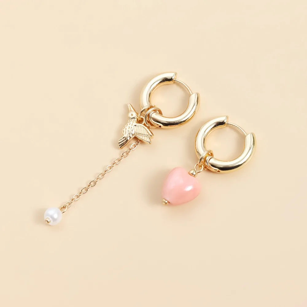 Retro Trendy Geometric Stereo Pink Heart-shaped Bird Pearl Tassel Asymmetrical Dangle Earrings for Women Jewelry Accessory Gifts