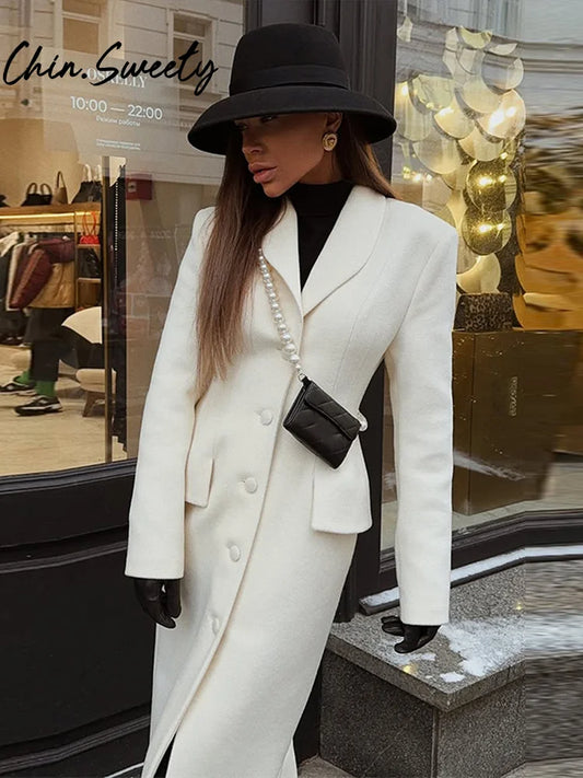 Slim Woolen Long Women Coat Elegant Full Sleeve Lapel Single Breasted Pocket Female Outwear 2025 Autumn Winter Chic Lady Jakcet