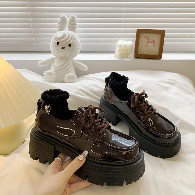 Shoes Woman Flats Clogs Platform Autumn Oxfords British Style Dress Creepers New Retro Fall Winter Leather Preppy Cross Black Ru