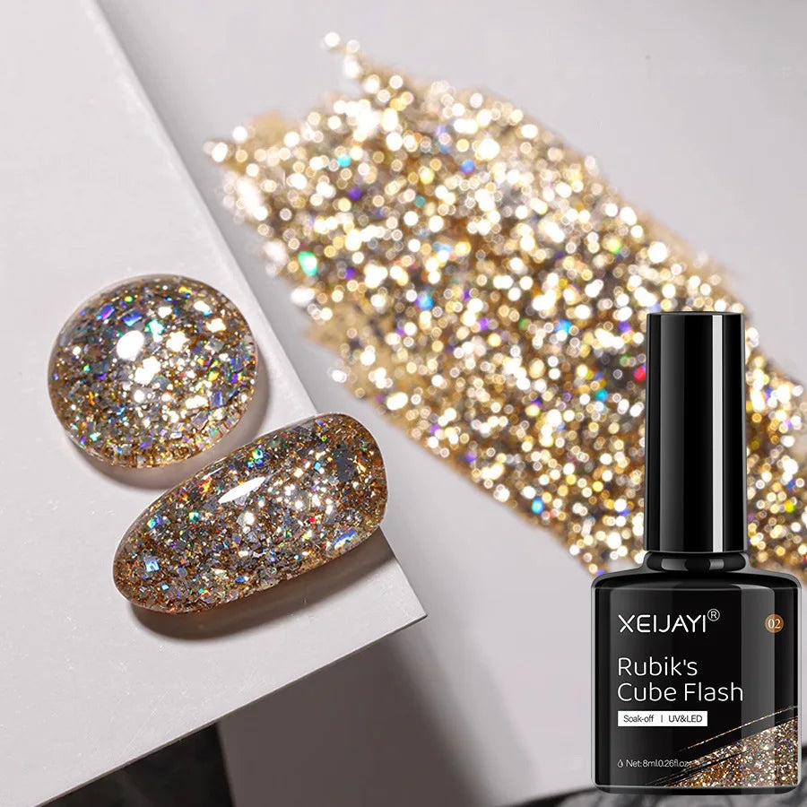 Esmalte em gel com glitter de 6 cores e 8 ml, prata, ouro rosa, lantejoulas coloridas, verniz em gel semipermanente, arte em unhas em gel UV, laca a laser