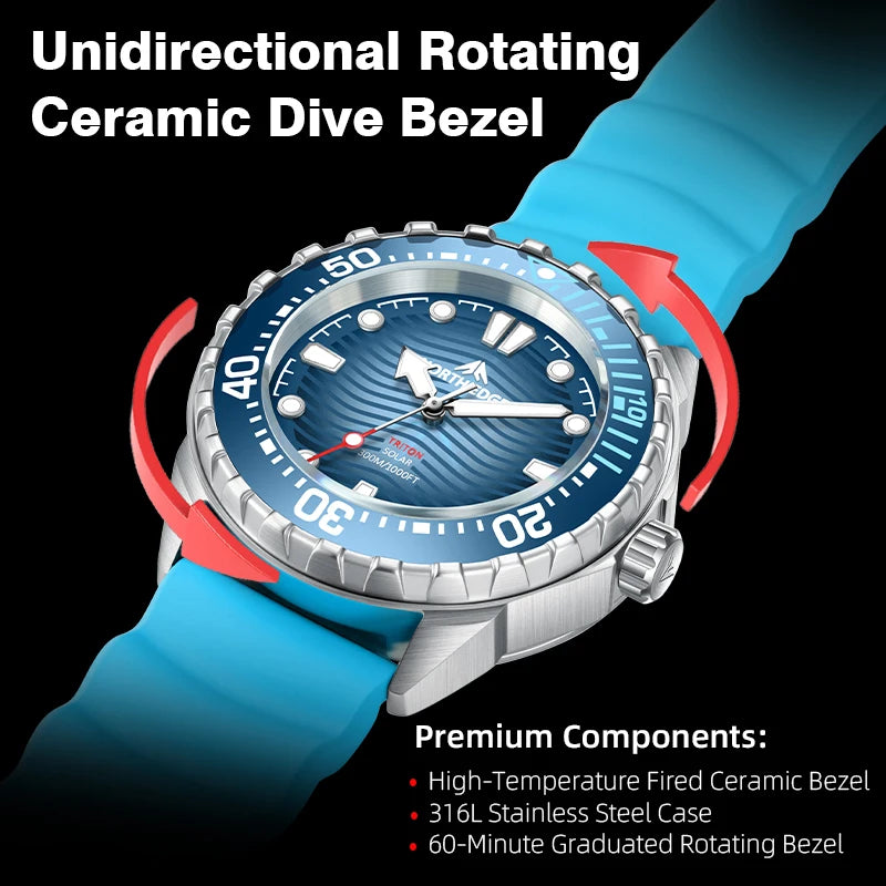 NORTH EDGE TRITON Solar Diving Watch Men 316L Stainless Steel 300M Waterproof