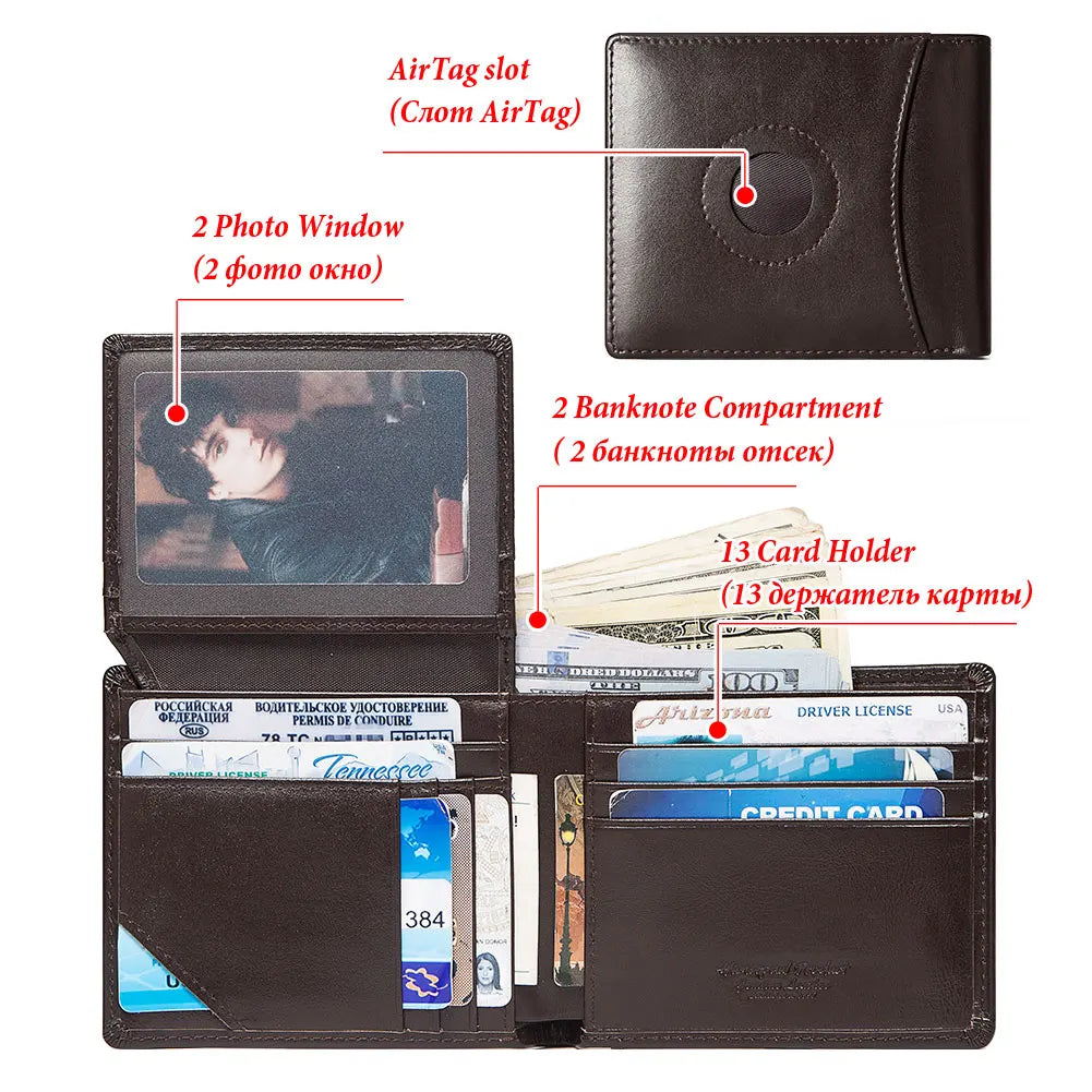 HUMERPAUL Airtag Wallet for Men – Real Leather RFID Trifold Card Holder with ID Window