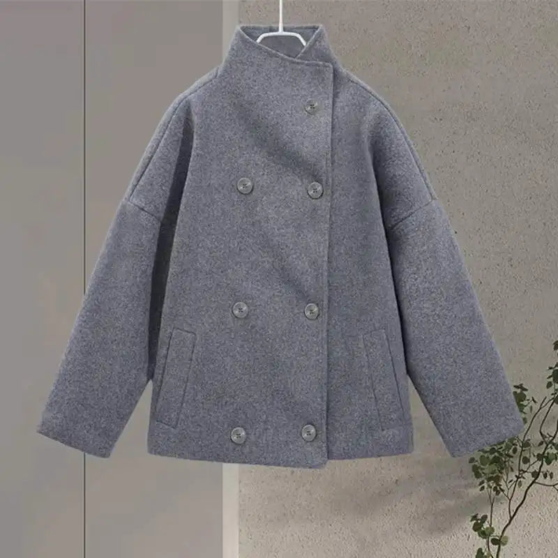 Urban Black Woolen Blend Coats Women Stand Collar Single-breasted Long Sleeve Thick Warm Jacket 2025 Autumn Winter Lady Outwear