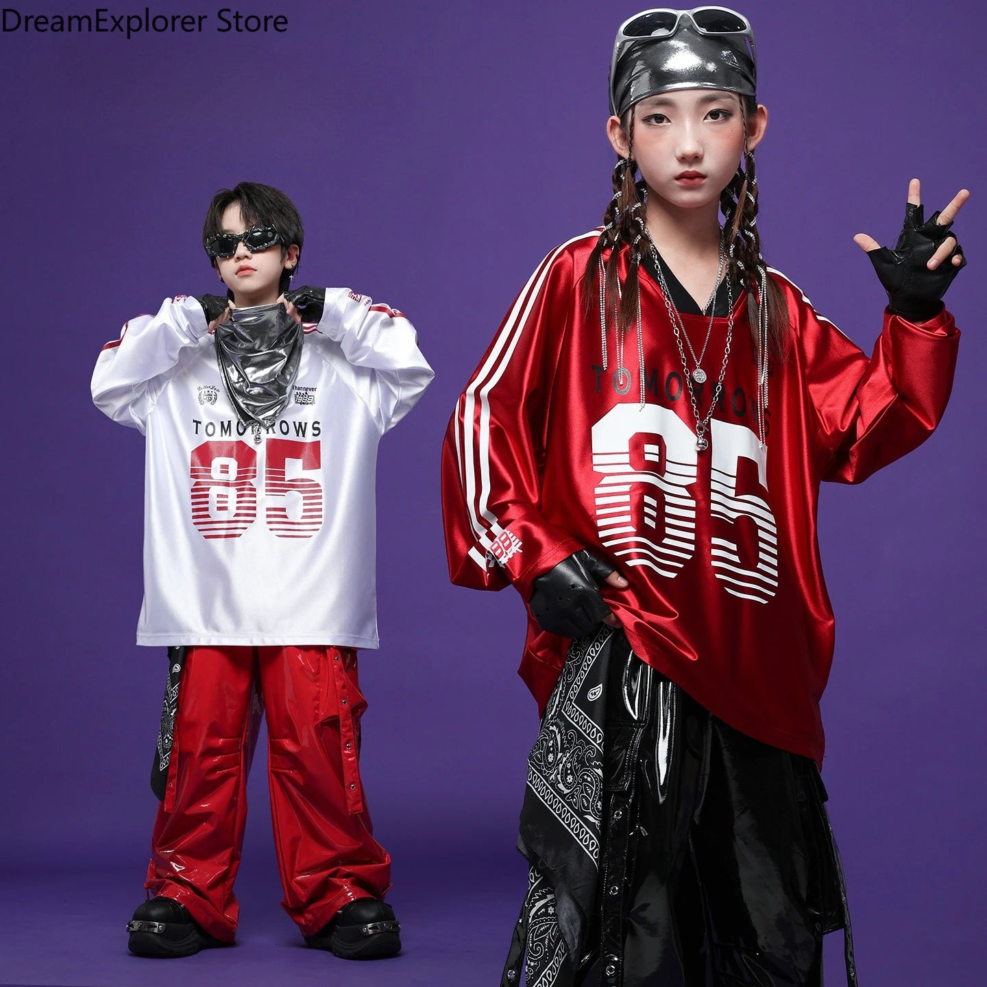 Boys Hip Hop Cool Shiny Sweatshirt Street Dance Cargo Pants Girls K-pop Clothes Sets Kids Streetwear Children Teenage Costumes