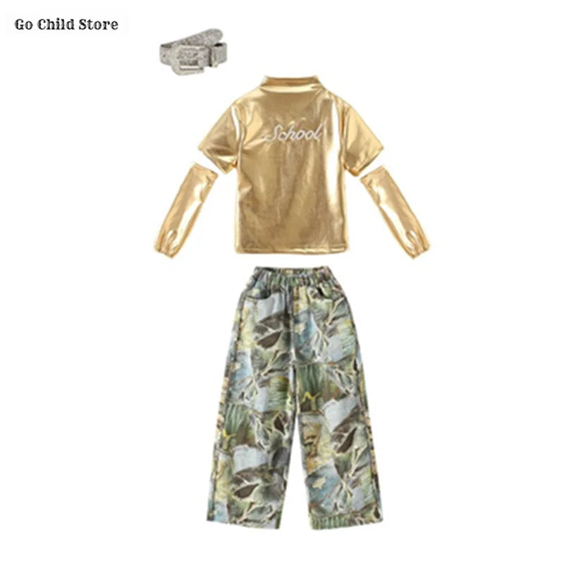 Girls Hip Hop Shiny Golden Crop Top Patchwork Jeans Pants Kids Streetwear Child Jazz Girl Group Costumes K-pop Retro Clothes Set