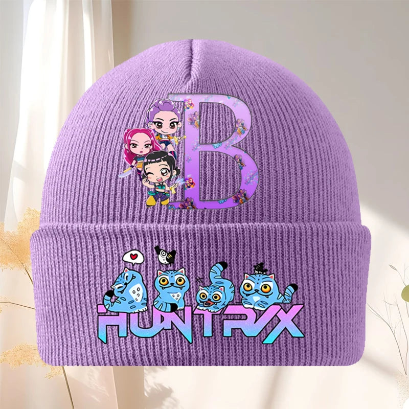 Kpop Demon Hunters Letter A-Z Knitted Hat Cartoon Music Girl Beanies Cap Kids Winter Warm Bonnet Cartoon Toddler Skullies Beanie