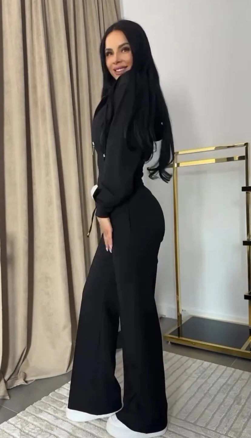 Conjunto de sweatshirt para mulher 2025, slim, cor sólida, fecho, manga comprida, calças largas, conjunto de 2 peças para mulher