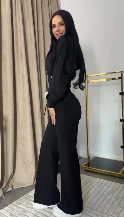 Conjunto de sweatshirt para mulher 2025, slim, cor sólida, fecho, manga comprida, calças largas, conjunto de 2 peças para mulher