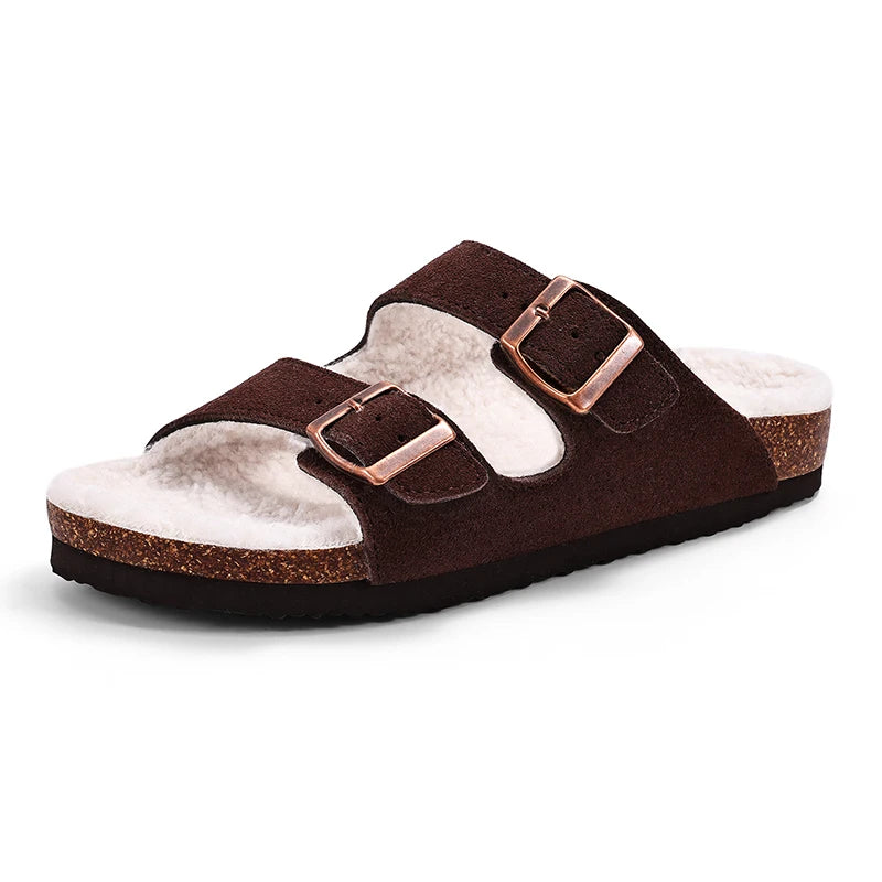 Shevalues Winter Women's Mules With Adjustable Buckle Leisure Cork Insole Comfortable Clogs Slippers Cow Suede Non-slip Sandals