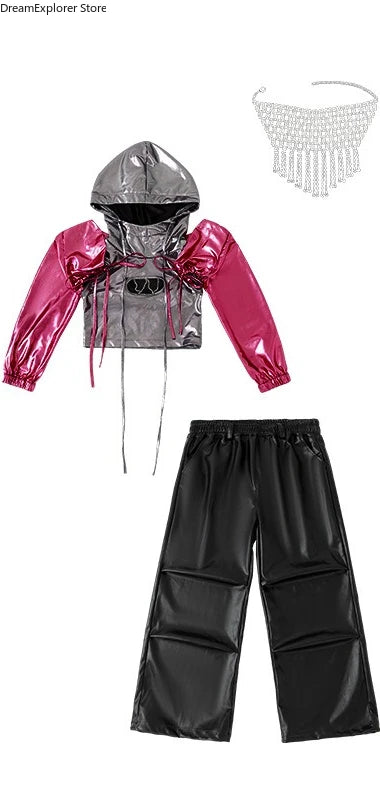 Girls K-pop Fashion Shiny Crop Top Hoodies Street Dance Pants Child Hip Hop Jazz Streetwear Clothes Sets Kids Girl Group Costume