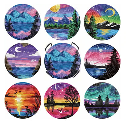 8pcs/Set DIY Diamond Painting Coasters with Holder Anti Slip Wood Drip Mats Crystal Rhinestones Diamond Art Coasters for Adults