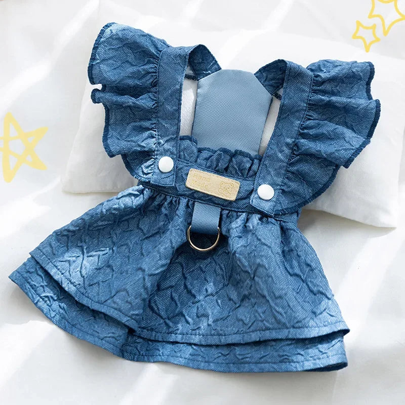 Denim Dog Dress with Leash Ring and Bow Knot – Summer Apparel for Small Dogs and Cats