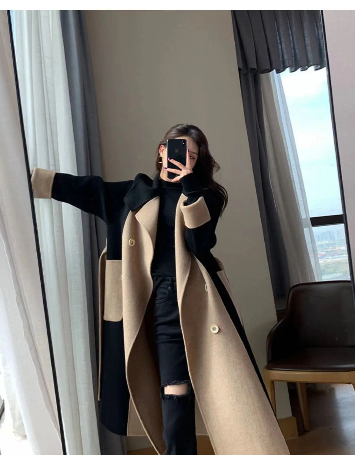 Winter New Color Block Slimming Hepburn Style Woolen Coat Women's Long Belted Gown Elegant Outerwear