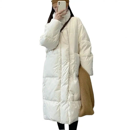 Winter Down Coat Thickened Padded Stand Collar Knee Length Pockets Cotton Jacket Zipper Closure Windproof Women Down Coat Parkas