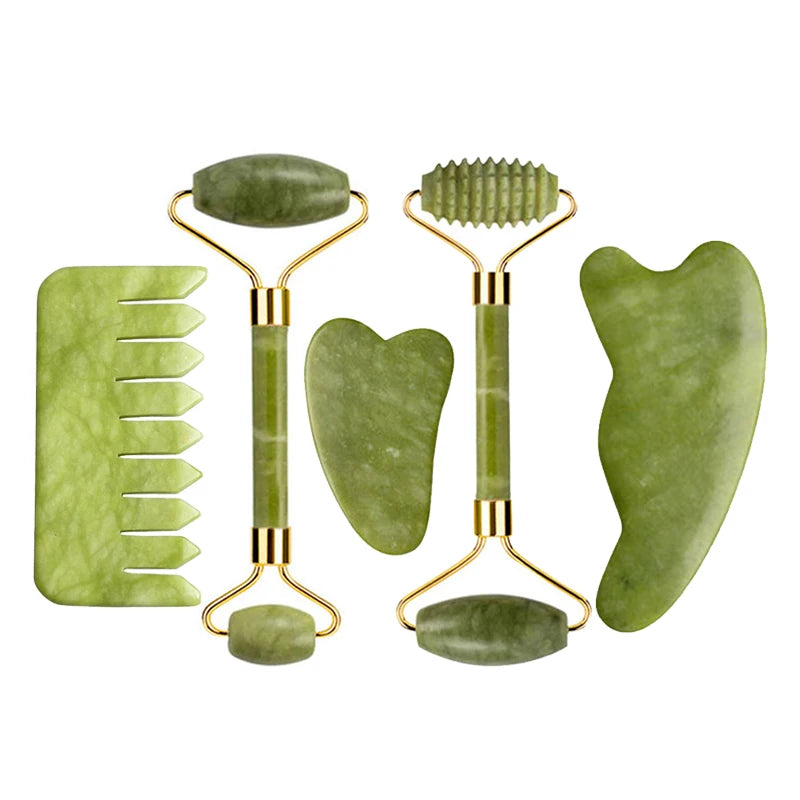 Natural Jade Roller Gua Sha Set – Facial & Body Massage Anti-Aging Lifting Spa Tools
