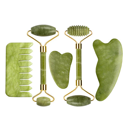Natural Jade Roller Gua Sha Set – Facial & Body Massage Anti-Aging Lifting Spa Tools