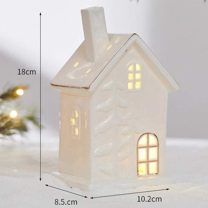 Glowing Ceramic Christmas Light Decorations LED Christmas Tree Luminous Hut Desktop Home Ornaments Scene Props Xmas Gifts