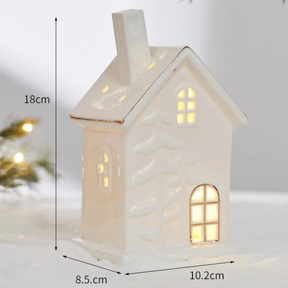 Glowing Ceramic Christmas Light Decorations LED Christmas Tree Luminous Hut Desktop Home Ornaments Scene Props Xmas Gifts