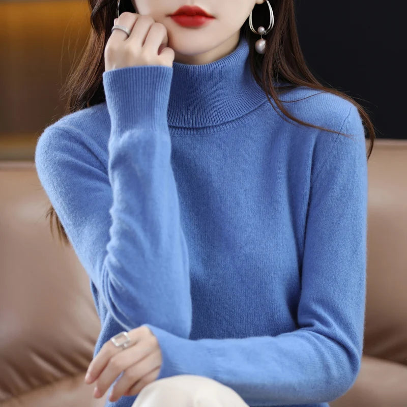 100% Merino Wool Cashmere Sweater Women Knitted Sweater Turtleneck Long Sleeve Pullovers Autumn Winter Clothing Warm Jumper Tops