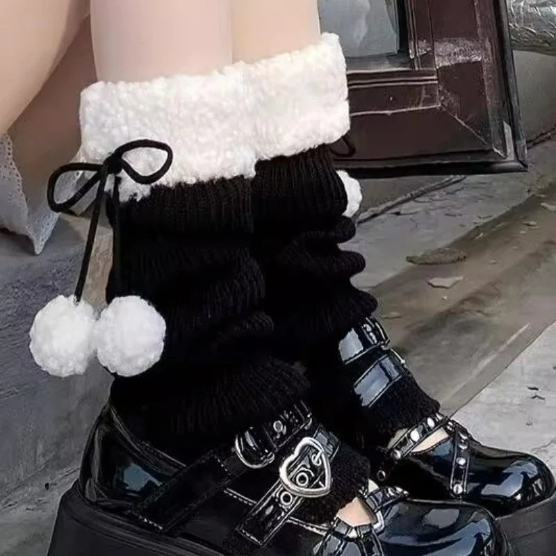 Autumn Winter Lolita Leg Warmers Socks with Ball Knitted Warm Foot Cover White Black Grey Warmer Lady Crochet Sock Boot Cuffs