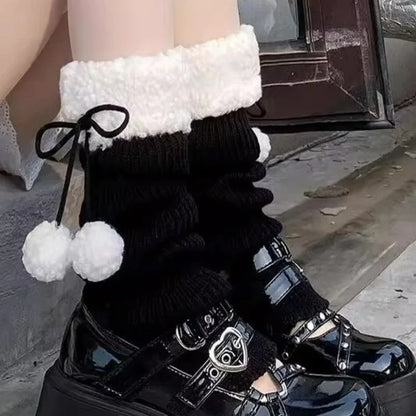 Autumn Winter Lolita Leg Warmers Socks with Ball Knitted Warm Foot Cover White Black Grey Warmer Lady Crochet Sock Boot Cuffs