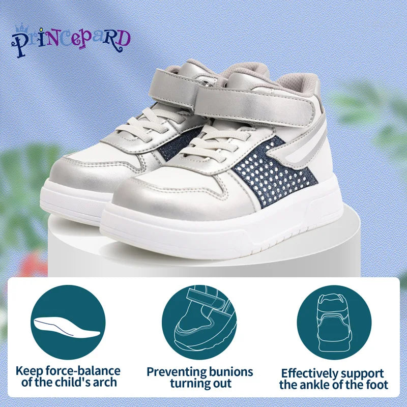 Princepard Orthopedic Kids Sneakers Silvery Decorate Arch Support School Shoes for Boys And Girls Casual Footwear for Children