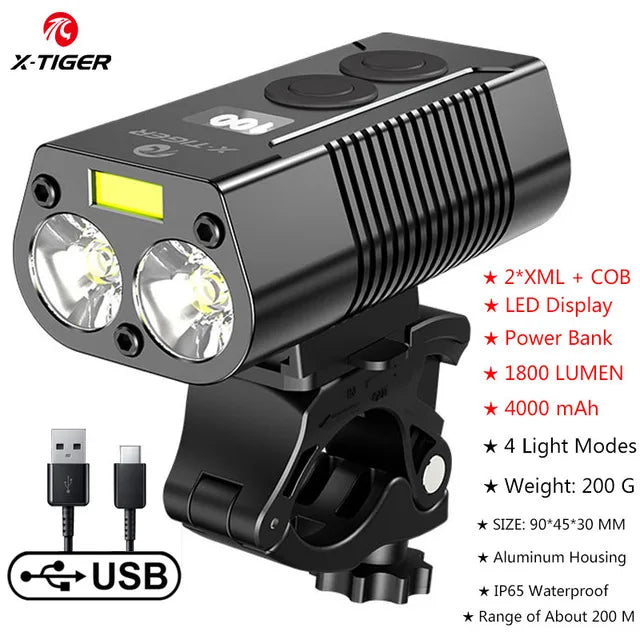 X-TIGER Waterproof MTB Bike Light Aluminum Alloy Road Cycling USB Rechargeable Headlight 2400 Lumens Bicycle Light Accessories