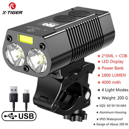 X-TIGER Waterproof MTB Bike Light Aluminum Alloy Road Cycling USB Rechargeable Headlight 2400 Lumens Bicycle Light Accessories